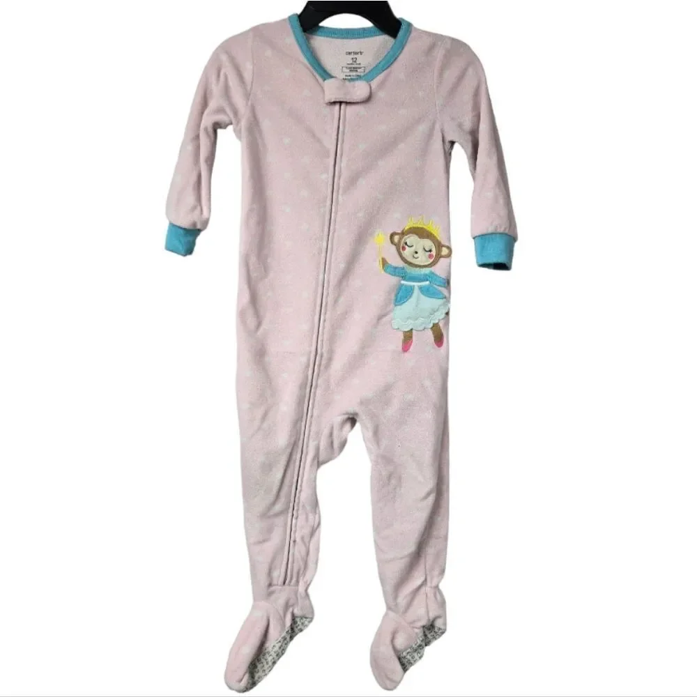Carter's Princess Monkey Footed Pajamas 12M Pink Fleece Zip Sleeper Baby Girl
